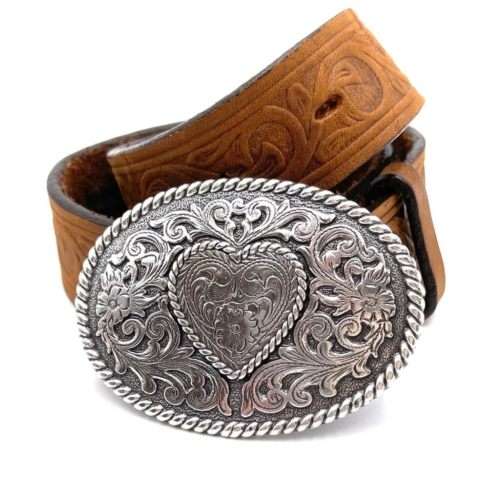 JUSTIN Western kids brown leather belt heart details on metal buckle size XS